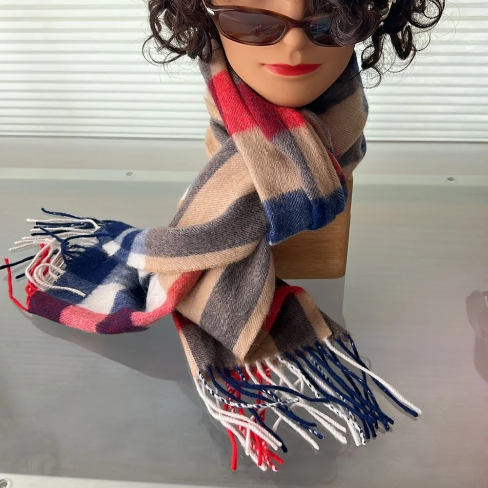 🐑🇩🇪Soft Wool & Cashmere Fringed Men’s or Women’s Tan/Red/Blue/White Plaid Scarf